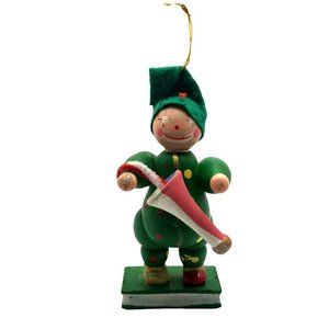 Vintage Wooden Christmas Ornament Clown Happy Green Umbrella Whimsical Whimsy